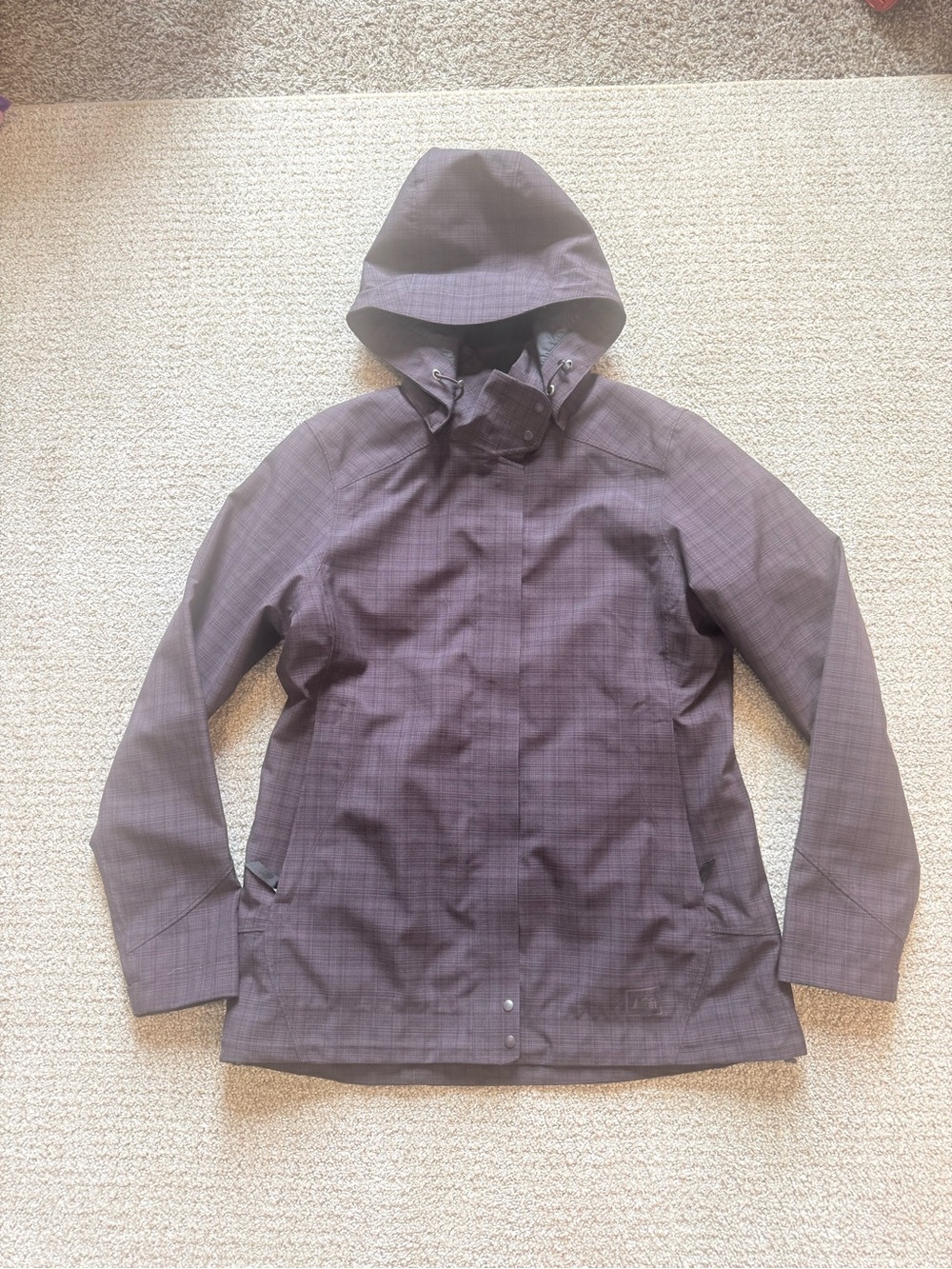 REI Lavender Purple Plaid Rain Jacket Detachable Hood